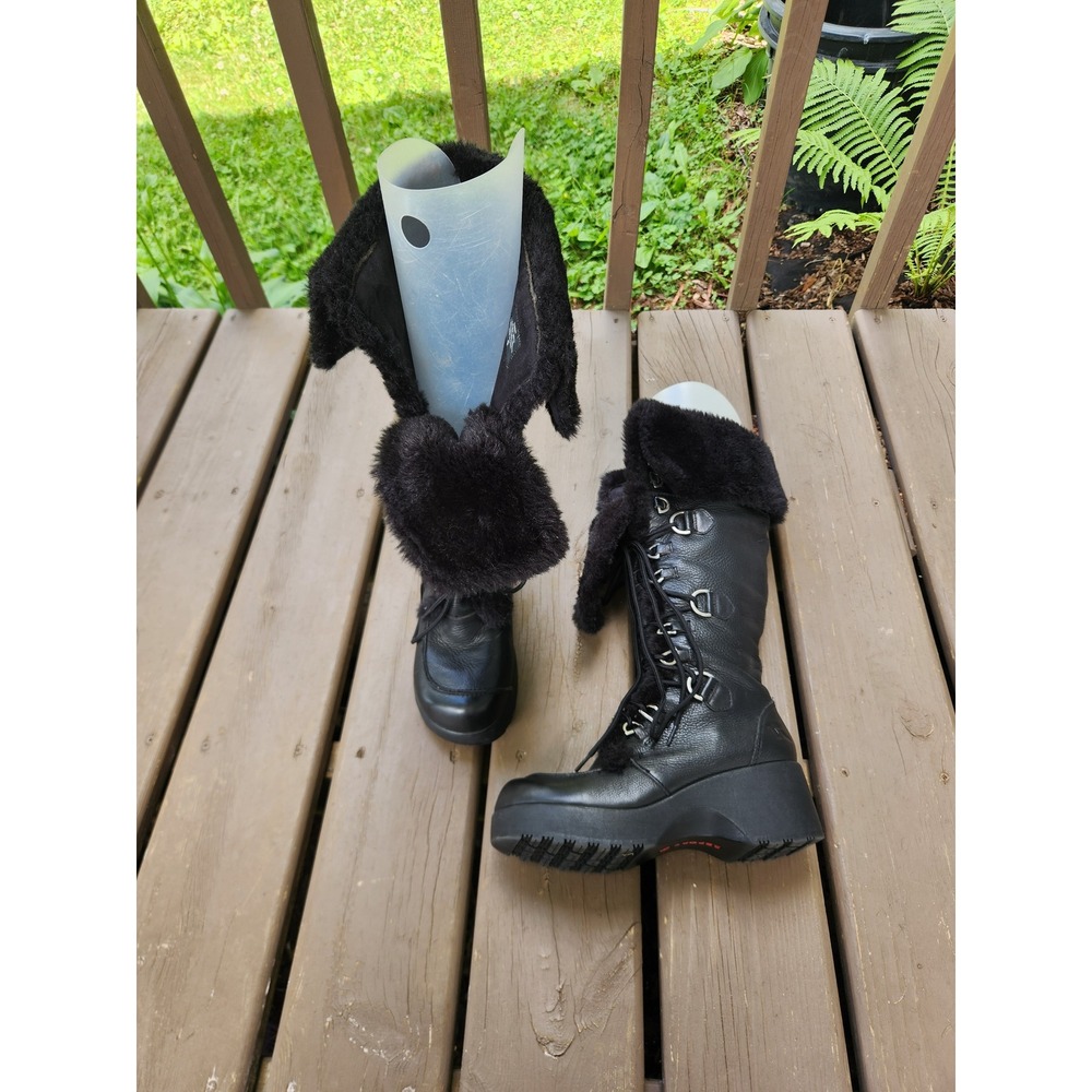 Vintage Y2K Report Summit Boots Black Leather Faux Fur Platform Wedge Lace Up 9